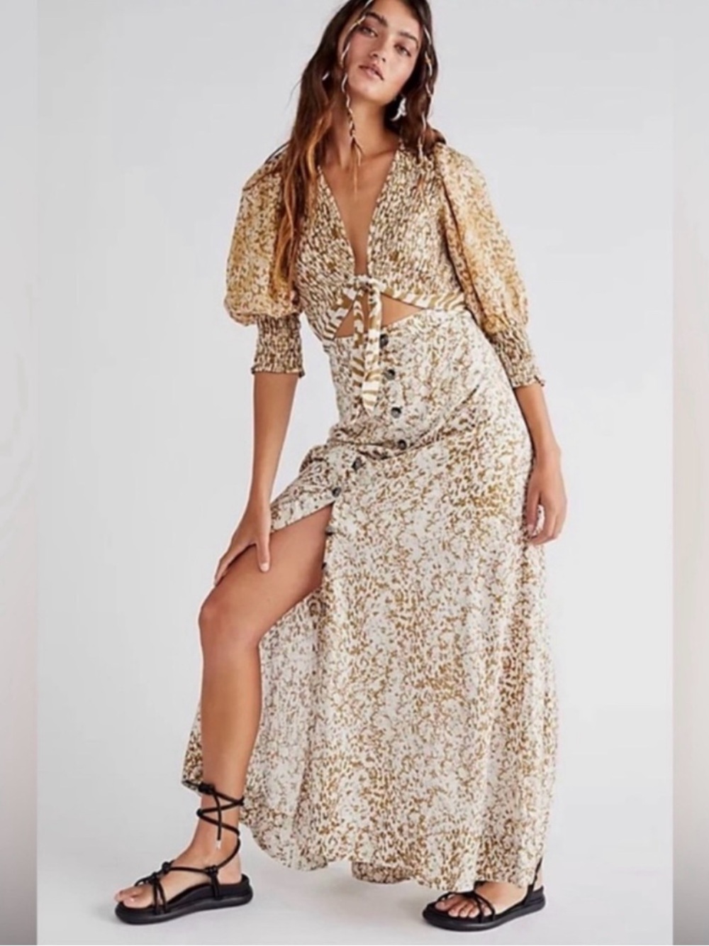 Free People Beige and Gold Floral Tie-Front Maxi Dress